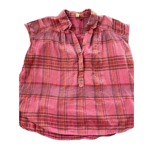 Pilcro Women's Pink Sleeveless Collared Plaid Button-Up Shirt Size Small - Picture 1 of 4